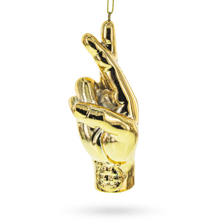 Golden Lucky Crossed Fingers Sign Language Blown Glass Christmas Ornament in Gold color