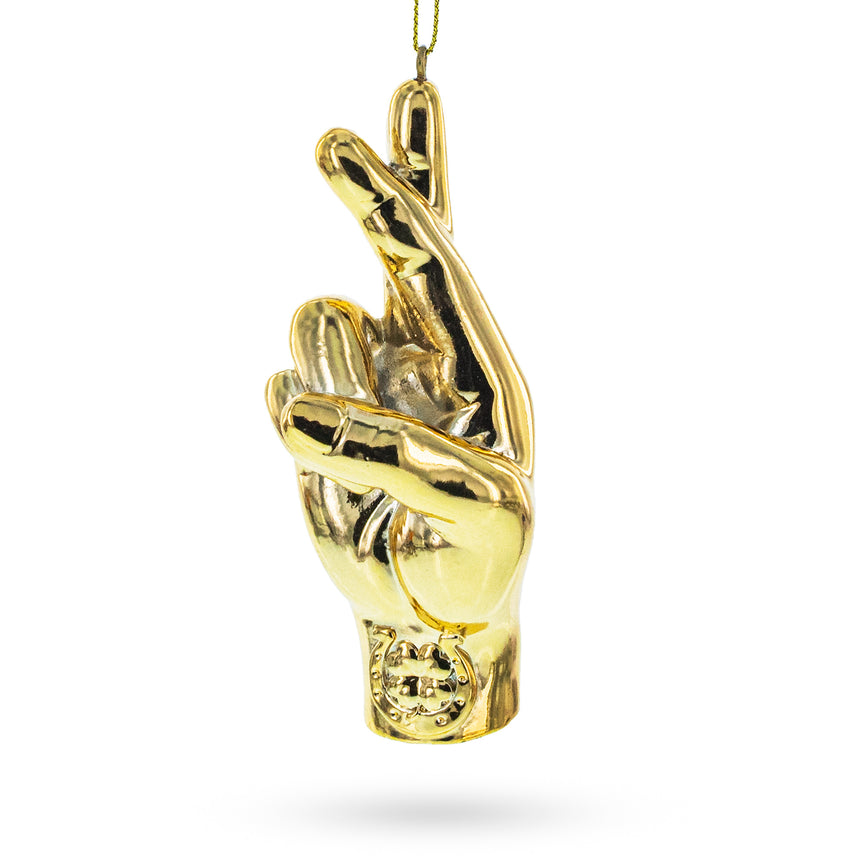 Golden Lucky Crossed Fingers Sign Language Blown Glass Christmas Ornament in Gold color