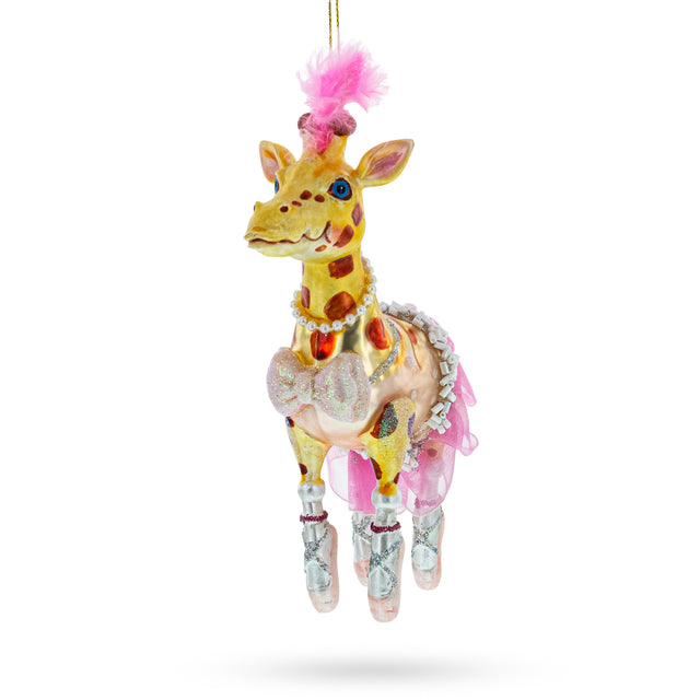 Twirling Giraffe Ballerina Blown Glass Christmas Ornament in Multi color