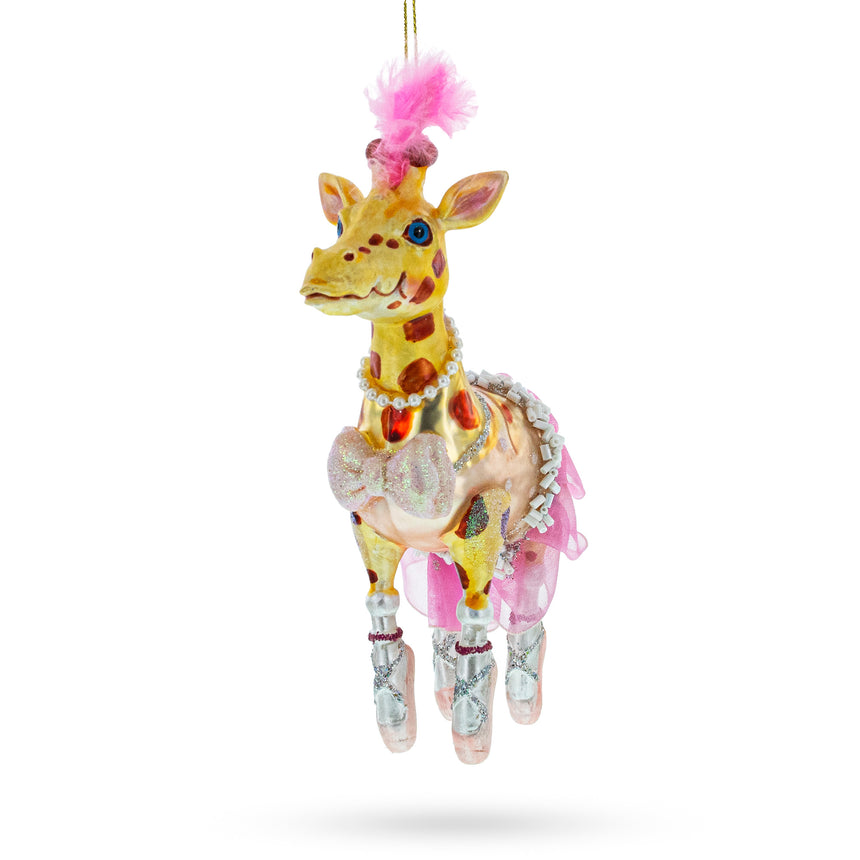Twirling Giraffe Ballerina Blown Glass Christmas Ornament in Multi color