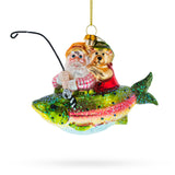 Whimsical Santa Fishing on Boat - Blown Glass Christmas Ornament in Multi color,  shape