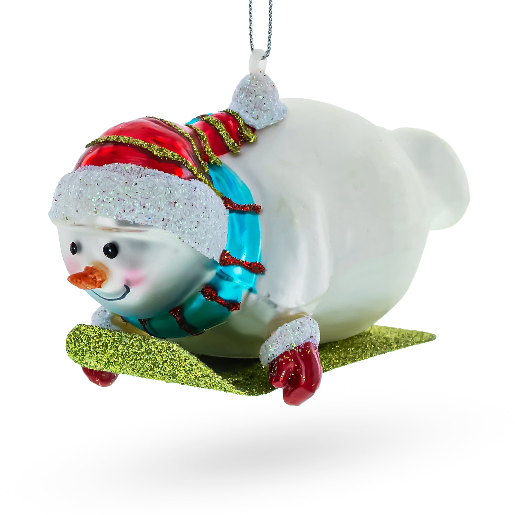 Snowman Gleefully Riding a Sled Glass Christmas Ornament in White color Figurine