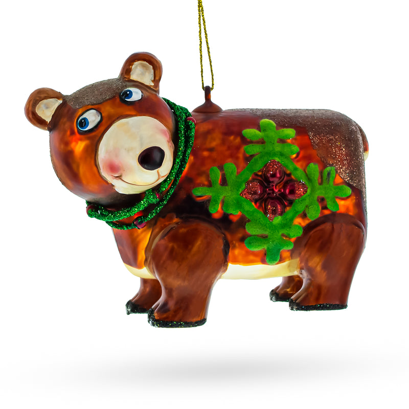 Buy Online Gift Shop Festive Brown Bear Holding a Poinsettia - Blown Glass Christmas Ornament