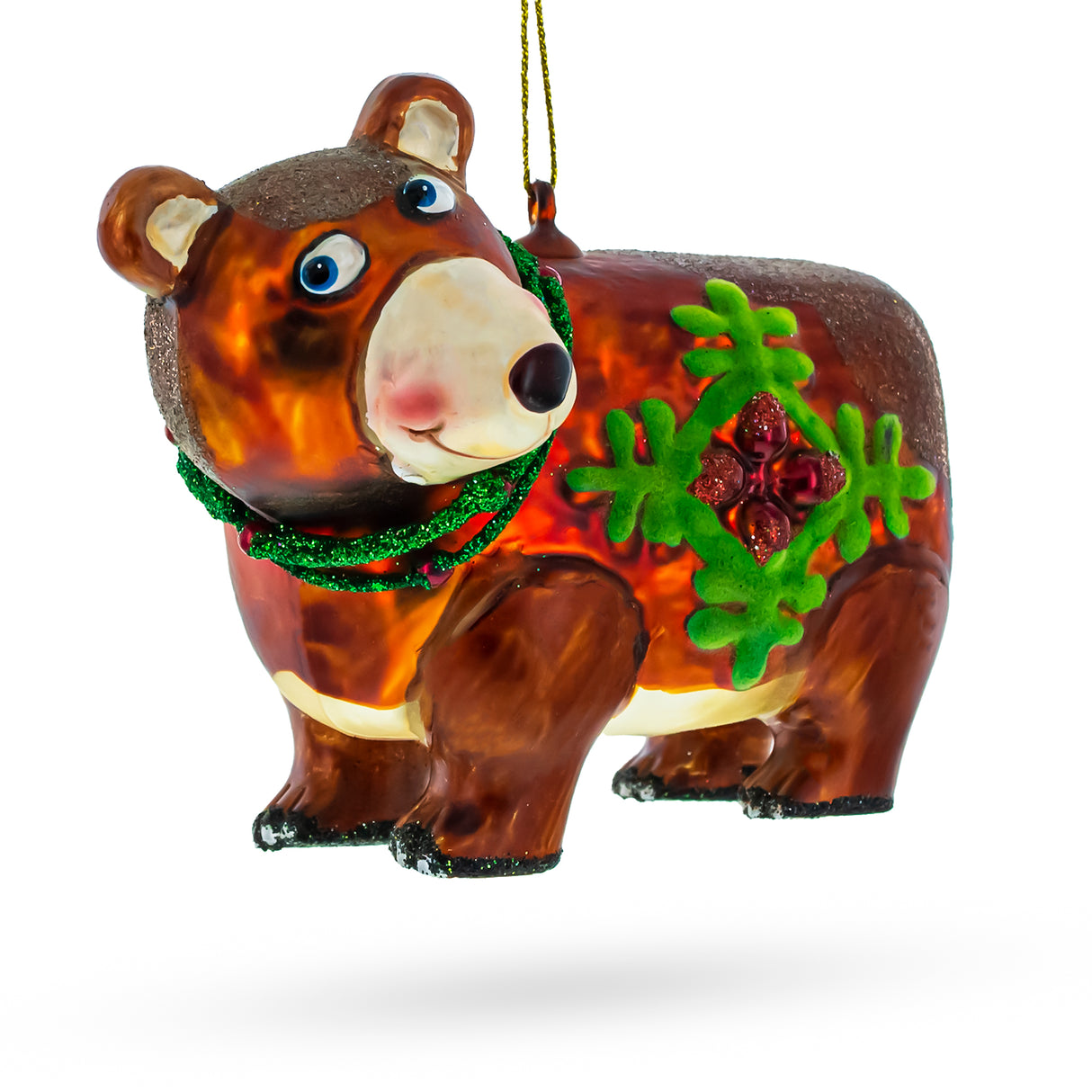 Festive Brown Bear Holding a Poinsettia - Blown Glass Christmas Ornament in Brown color,  shape