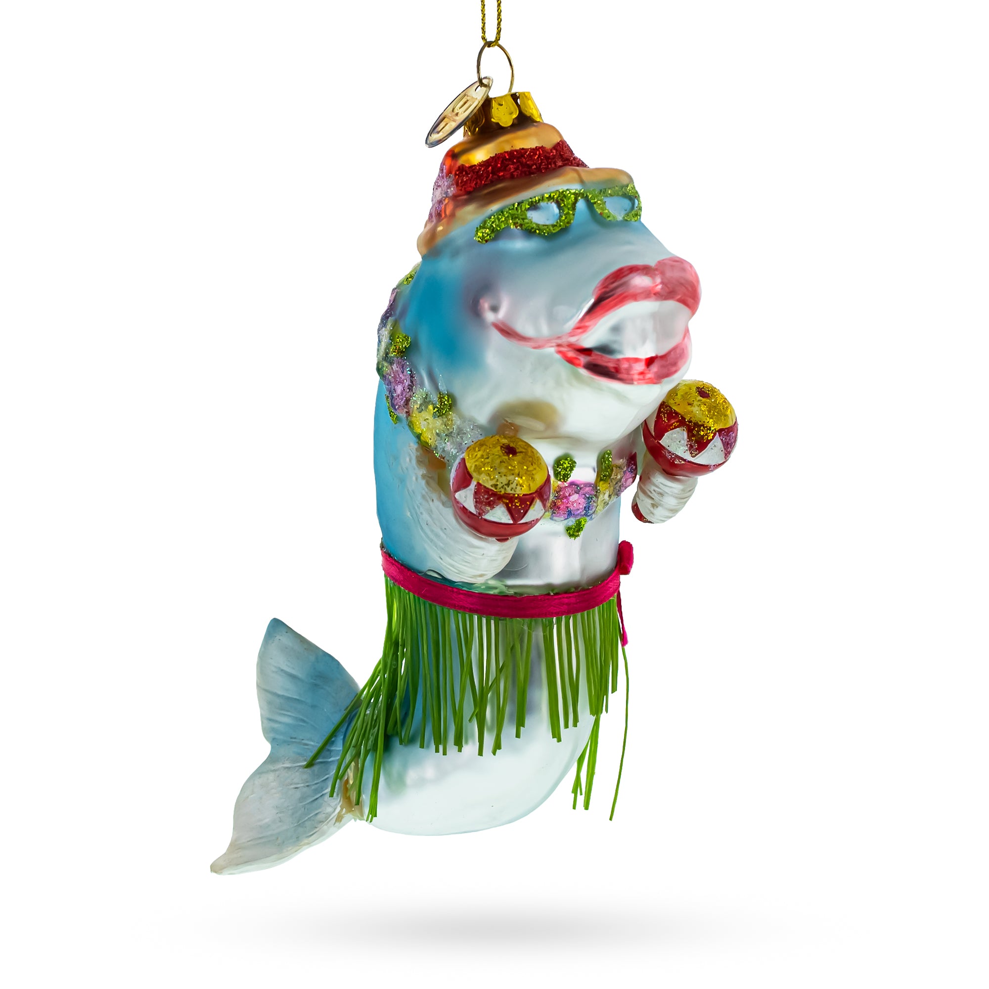 Hawaiian Shark with Maracas Glass Christmas Ornament in Blue color Figurine