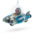 Santa Riding Spaceship Glass Christmas Ornament in Blue color Figurine