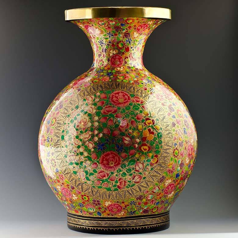 Oriental Flowers Hand Painted Wooden Vase 12 Inches in Multi color,  shape