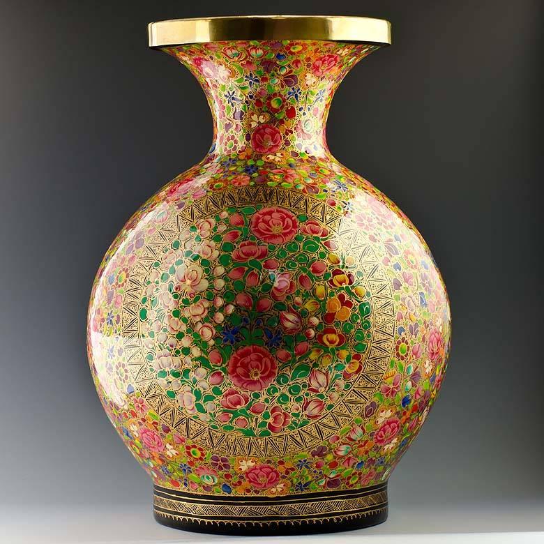 Oriental Flowers Hand Painted Wooden Vase 12 Inches in Multi color