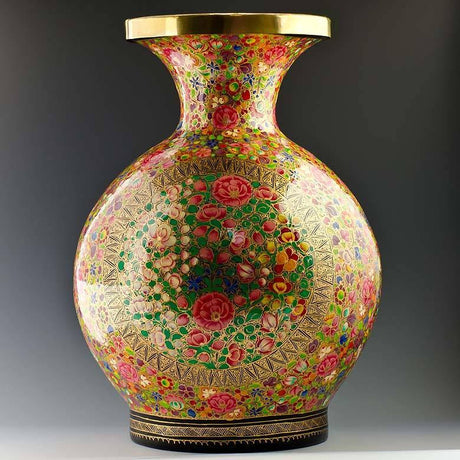 Oriental Flowers Hand Painted Wooden Vase 12 Inches in Multi color