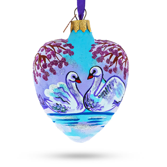 Glass Swans In Love Glass Heart Christmas Ornament in Purple color Heart