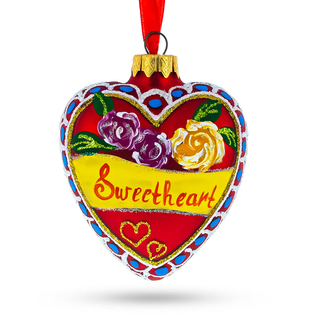 To My Sweetheart Glass Heart Christmas Ornament in Red color, Heart shape