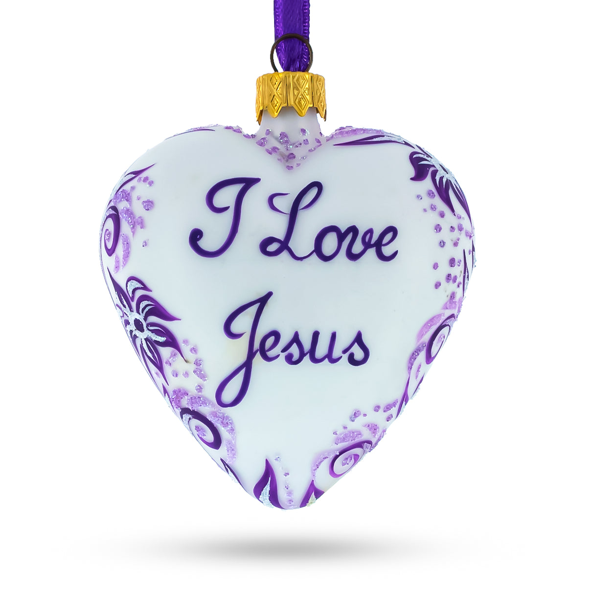 I Love Jesus Glass Christmas Ornament in Purple color, Heart shape