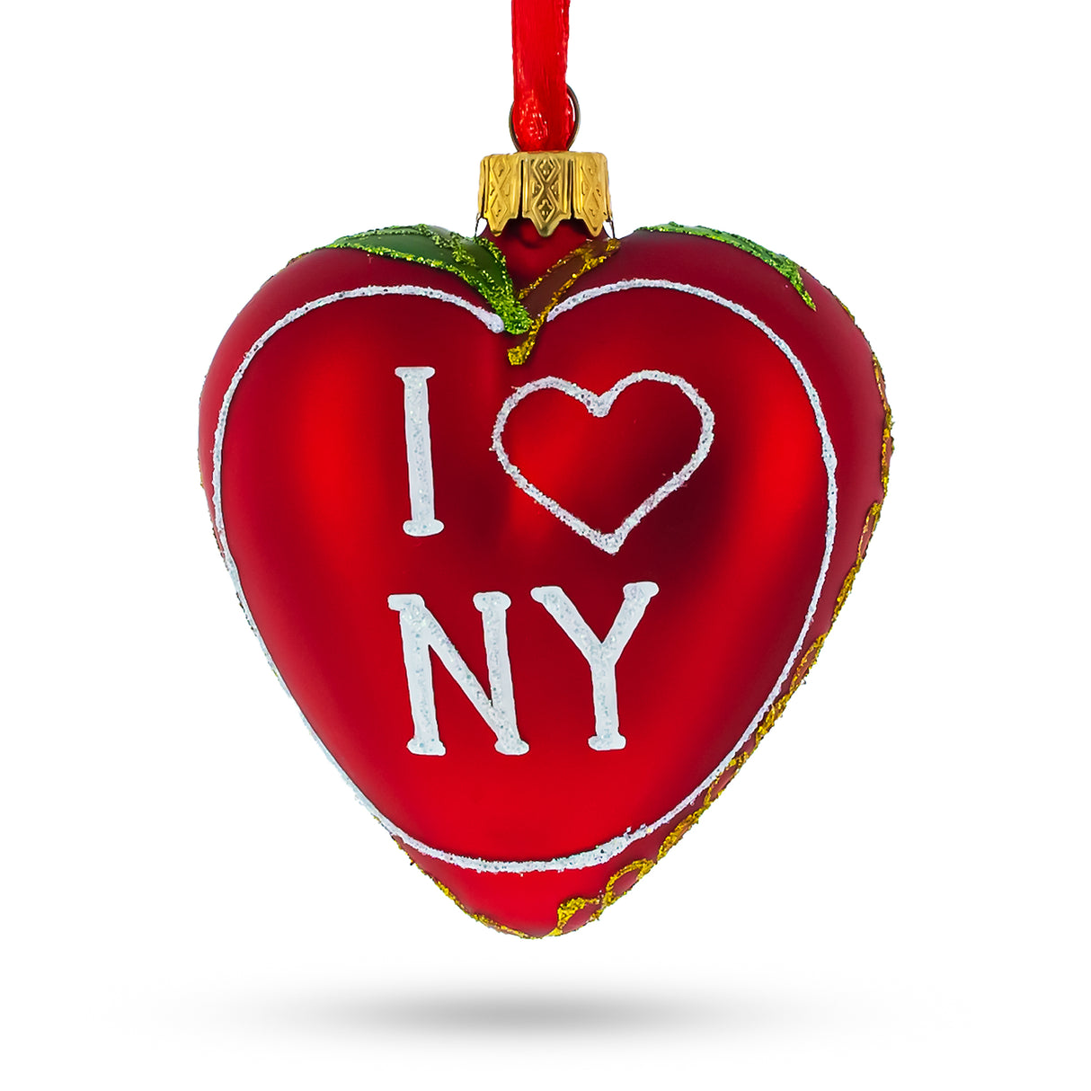 I Love New York Glass Heart Christmas Ornament in Red color, Heart shape