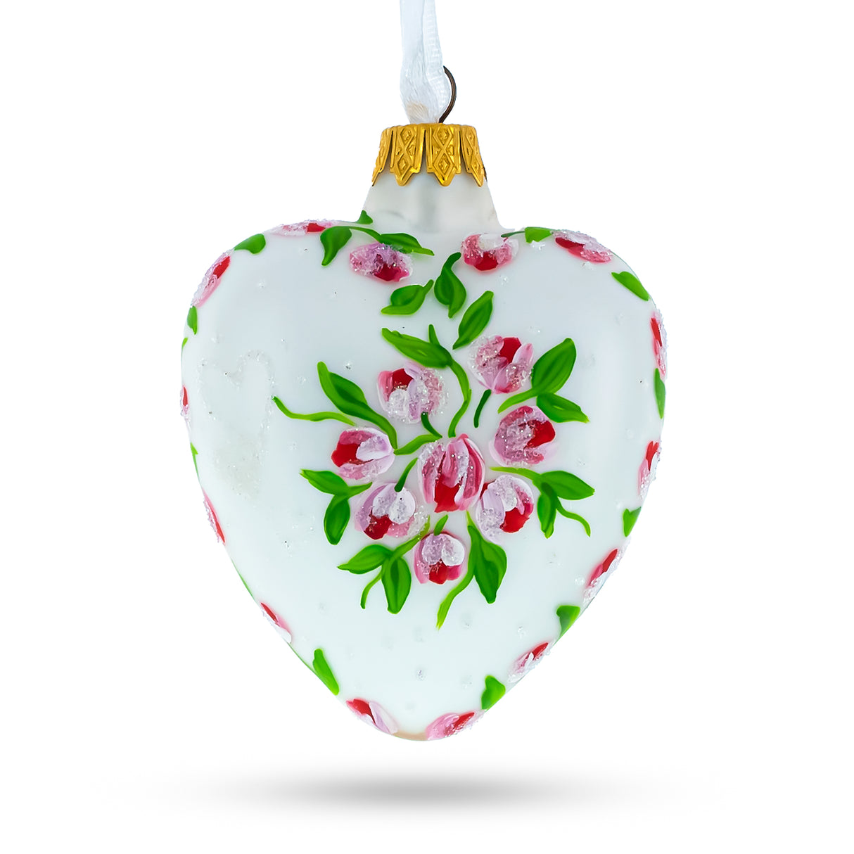 Mother's Day Red Heart Shape Glass Ornament in White color, Heart shape