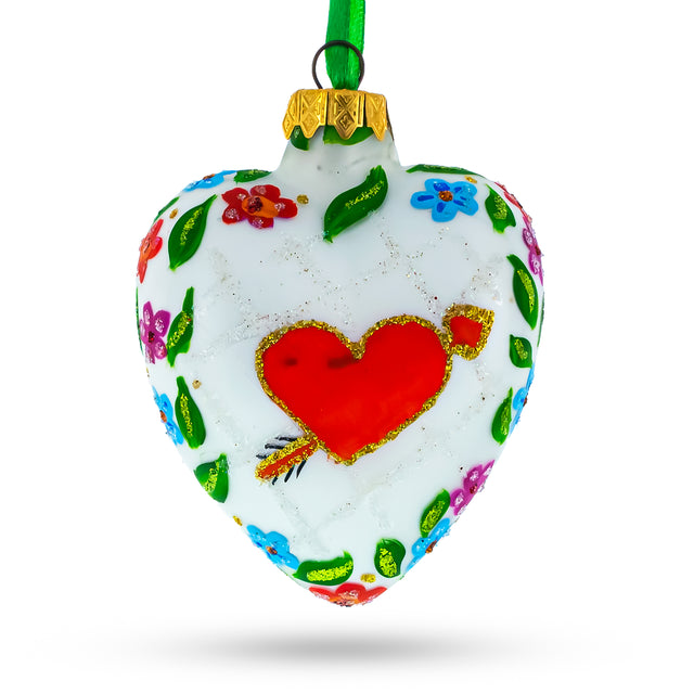 Arrow In Red Heart Valentine's Day Glass Ornament in Multi color, Heart shape