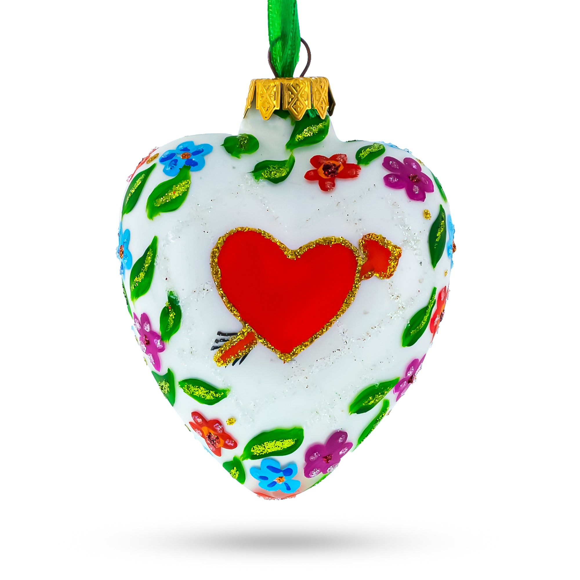 Arrow In Red Heart Valentine's Day Glass OrnamentUkraine , dimensions in inches: 3.3 x 3 x 1.85