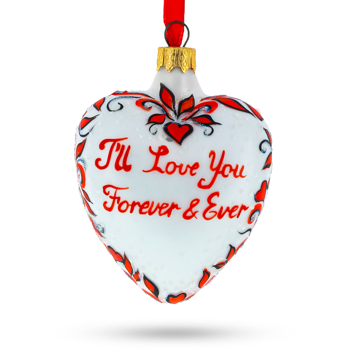 Love You Forever Red Heart Valentine's Glass Ornament in Red color, Heart shape