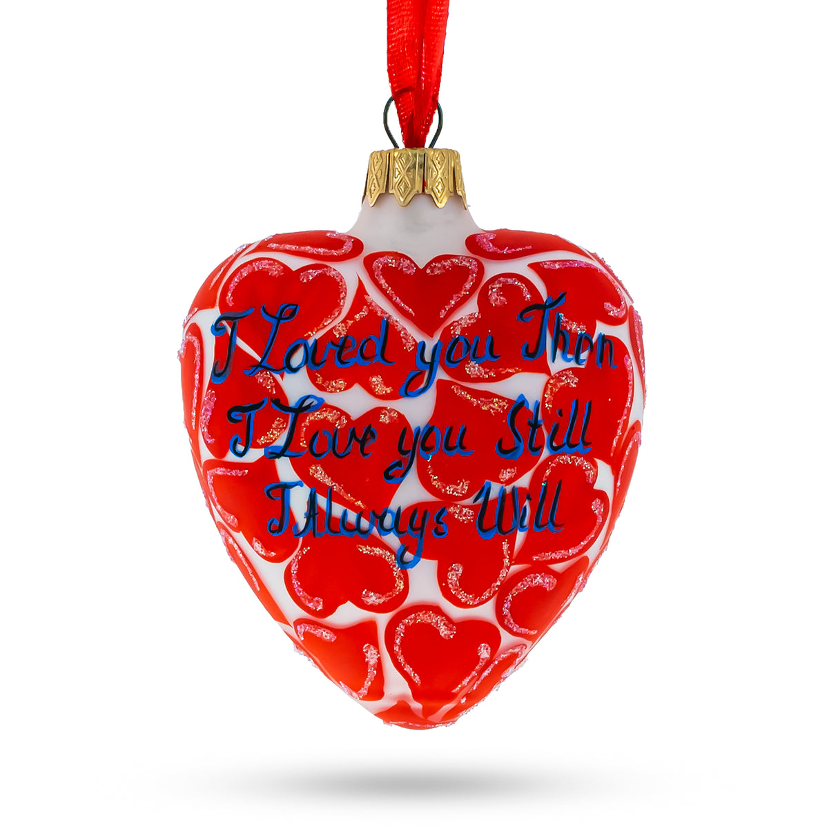 I Love You Glass Heart Christmas Ornament in Red color, Heart shape