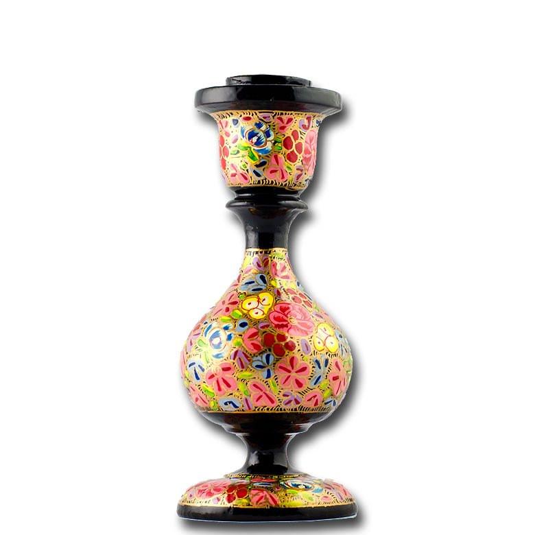 Bright Flowers Hand Painted Wooden Candle Holder 6 Inches in Red color,  shape
