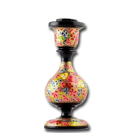 Bright Flowers Hand Painted Wooden Candle Holder 6 Inches in Red color