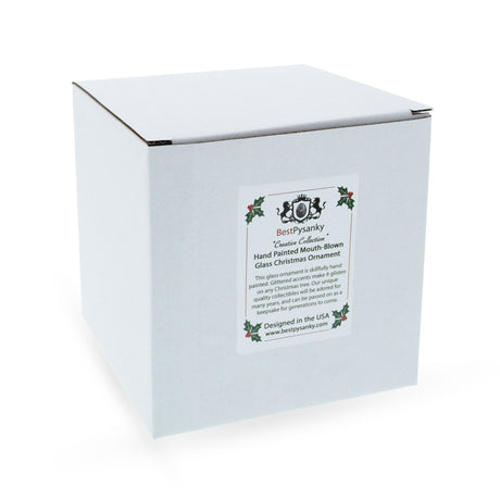 Bunny Elegantly Perched on a Festive Gift Box Blown Glass Christmas Ornament , dimensions in inches: 5 x 2.4 x 2.3