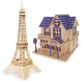 Set of 2 Eiffel Tower and House Model Kit Wooden 3D Puzzles in Multi color