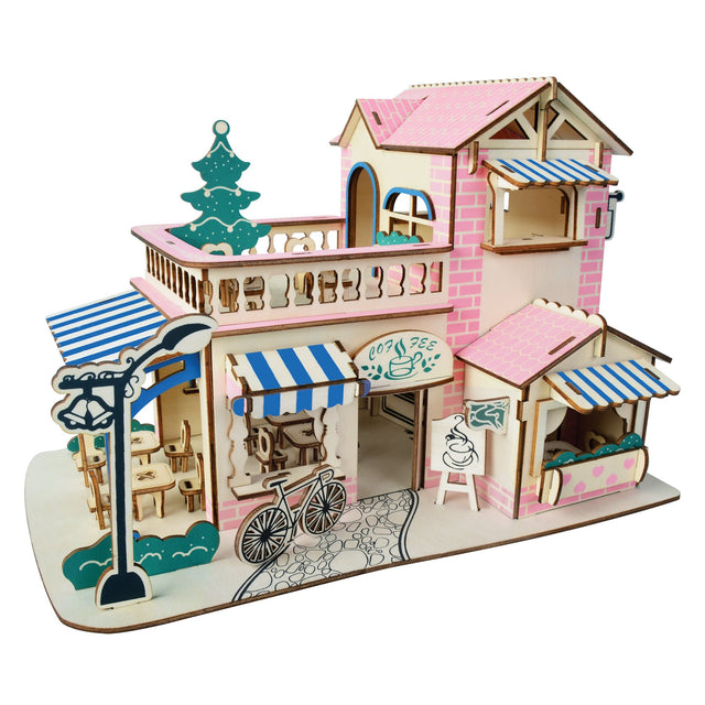 Coffee Shop Building Model Kit - Wooden Laser-Cut 3D Puzzle (161 Pcs) in Pink color,  shape