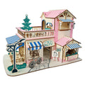 Coffee Shop Building Model Kit - Wooden Laser-Cut 3D Puzzle (161 Pcs) in Pink color