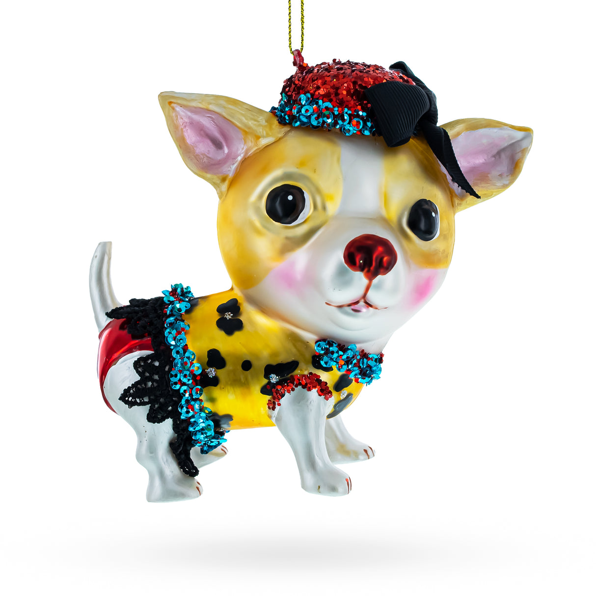 Chic Chihuahua - Blown Glass Christmas Ornament in Multi color,  shape