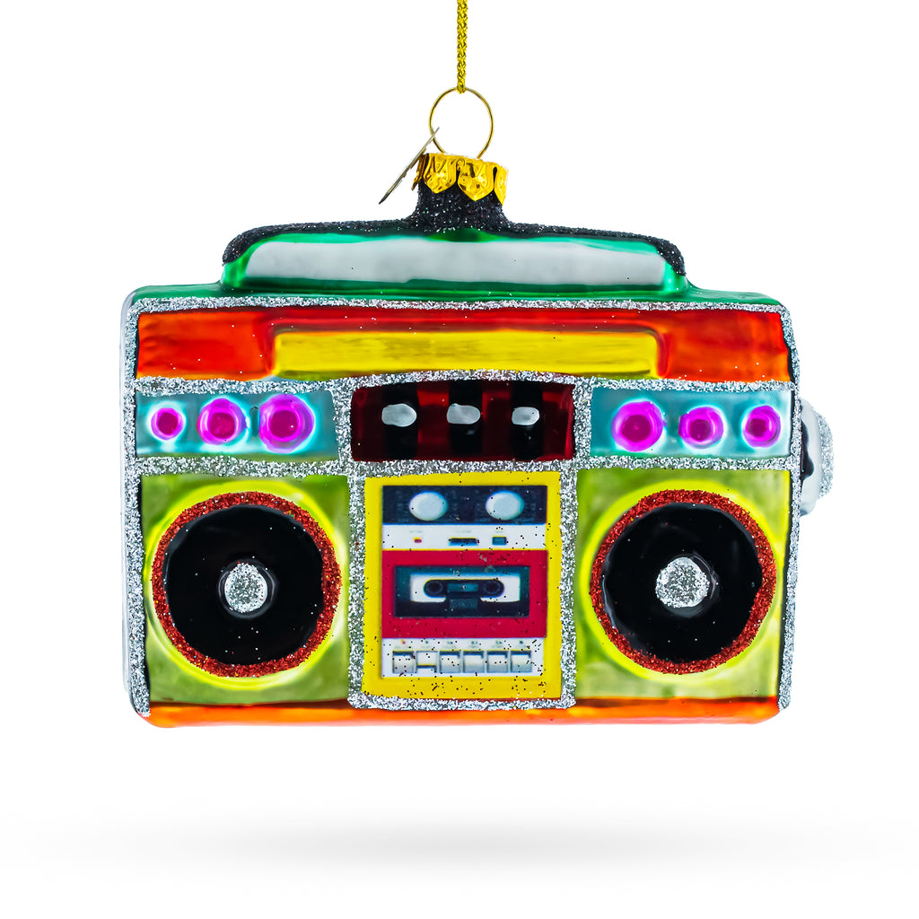 Glass Vintage-Inspired Cassette Player Boombox  - Blown Glass Christmas Ornament in Multi color