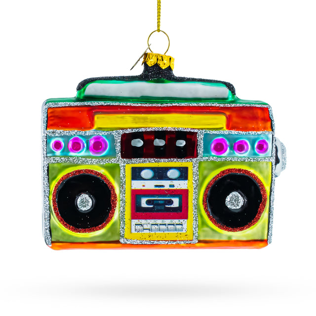 Vintage-Inspired Cassette Player Boombox  - Blown Glass Christmas Ornament in Multi color,  shape