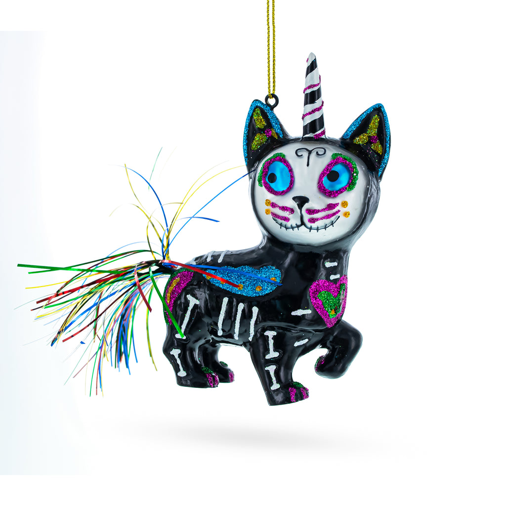Spooky Halloween Cat Skeleton Glass Christmas Ornament in Black color Figurine