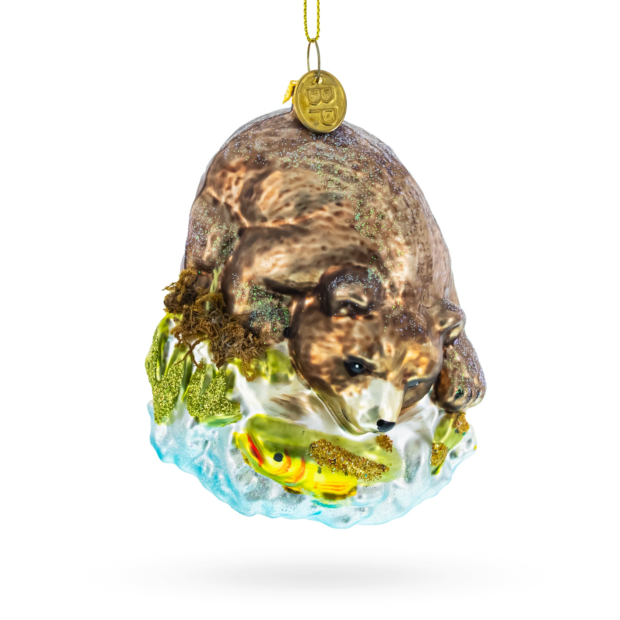 Wild Bear Watching Fish Glass Christmas Ornament in Brown color Figurine