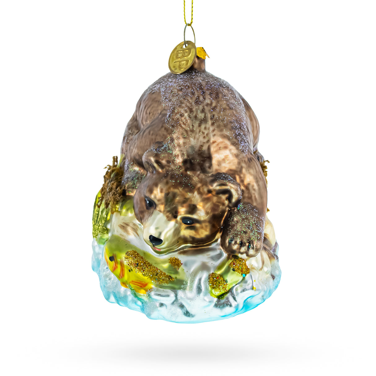 Wild Bear Catching Salmon - Blown Glass Christmas Ornament in Multi color,  shape
