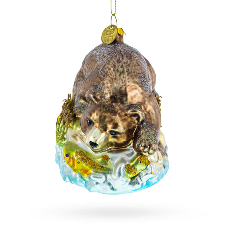 Wild Bear Catching Salmon Blown Glass Christmas Ornament in Multi color