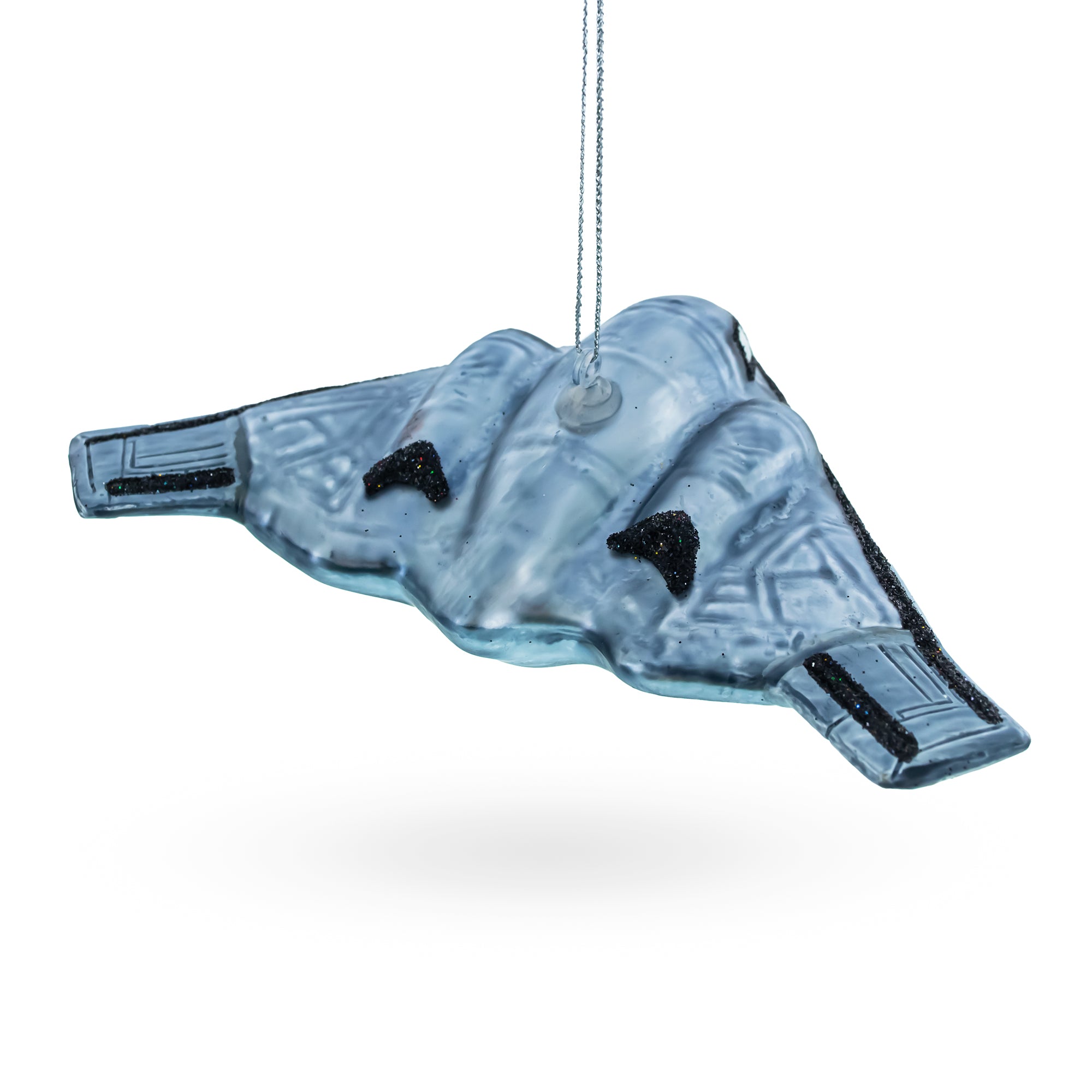 Sleek Stealth Bomber B-2 Blown Glass Christmas OrnamentChina , dimensions in inches: 5.66 x 3.36 x 1.6