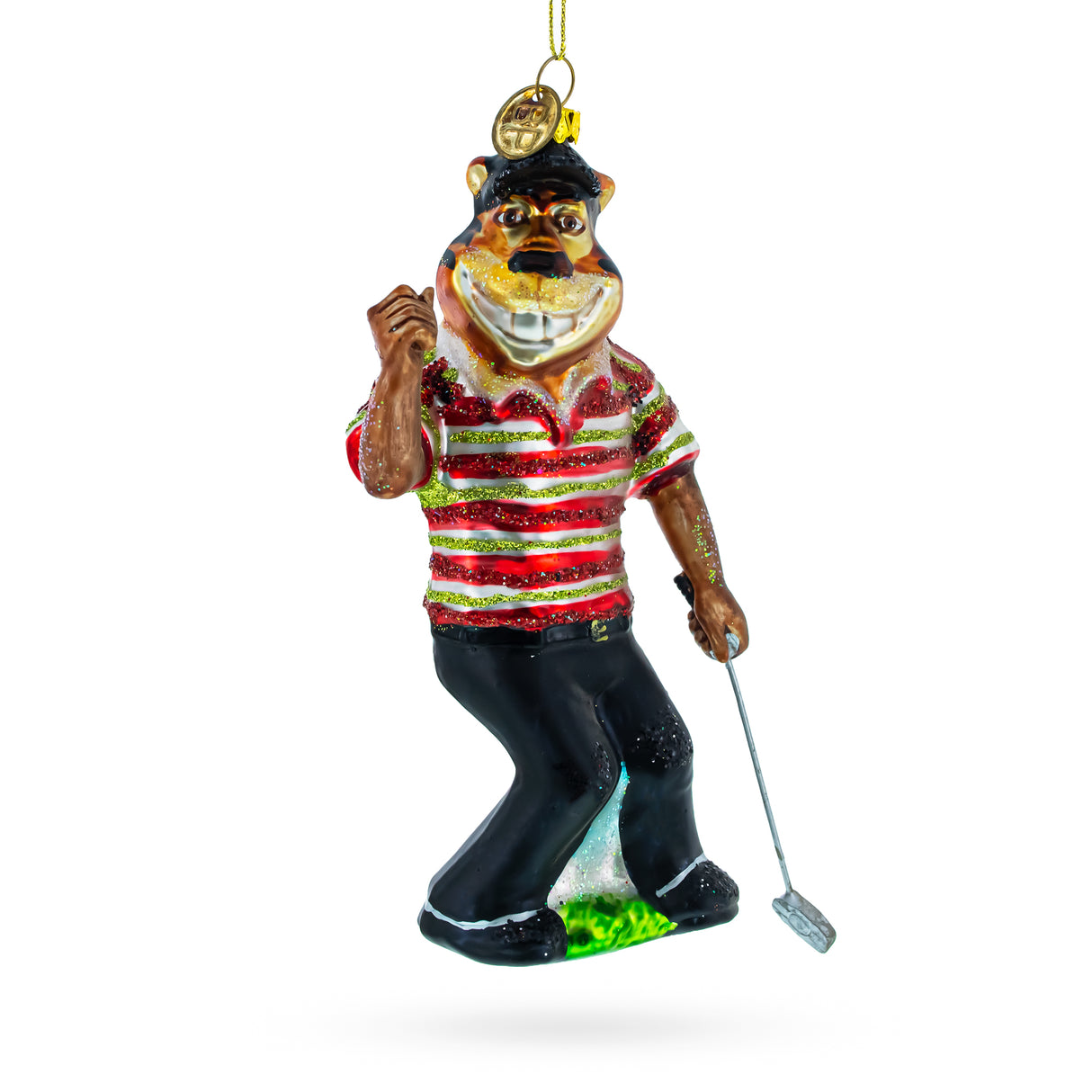 Sporty Tiger Engaged in Golf - Blown Glass Christmas Ornament in Multi color,  shape