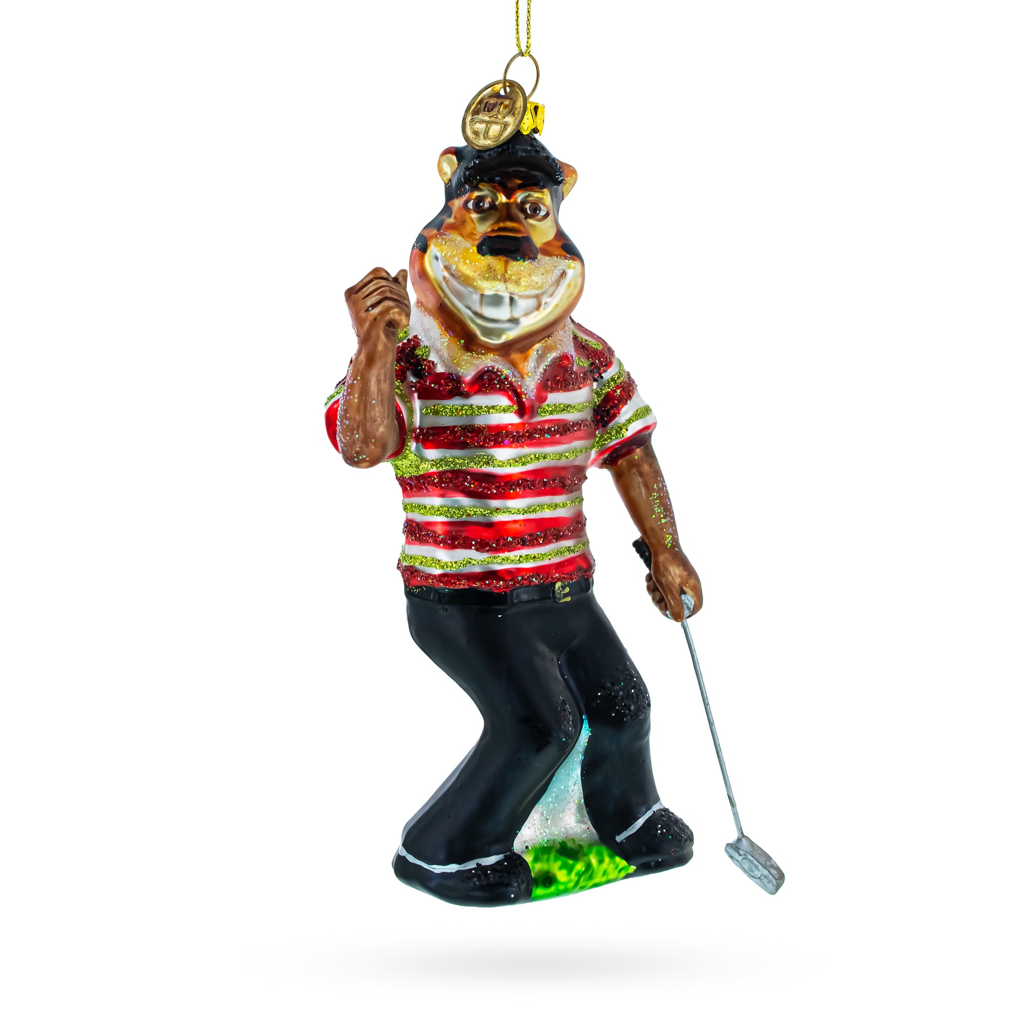 Sporty Tiger Engaged in Golf Blown Glass Christmas Ornament in Multi color Figurine