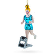 Active Treadmill Runner Fitness Girl - Blown Glass Christmas Ornament in Blue color,  shape