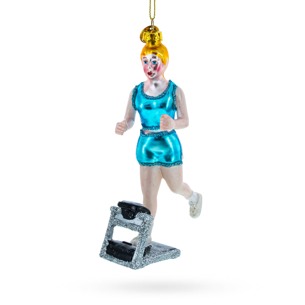 Treadmill Runner Fitness Girl Glass Christmas Ornament in Blue color Figurine