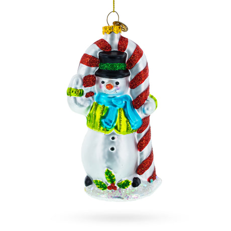 Glass Snowman with the Mint Candy Cane - Festive Blown Glass Christmas Ornament in Multi color