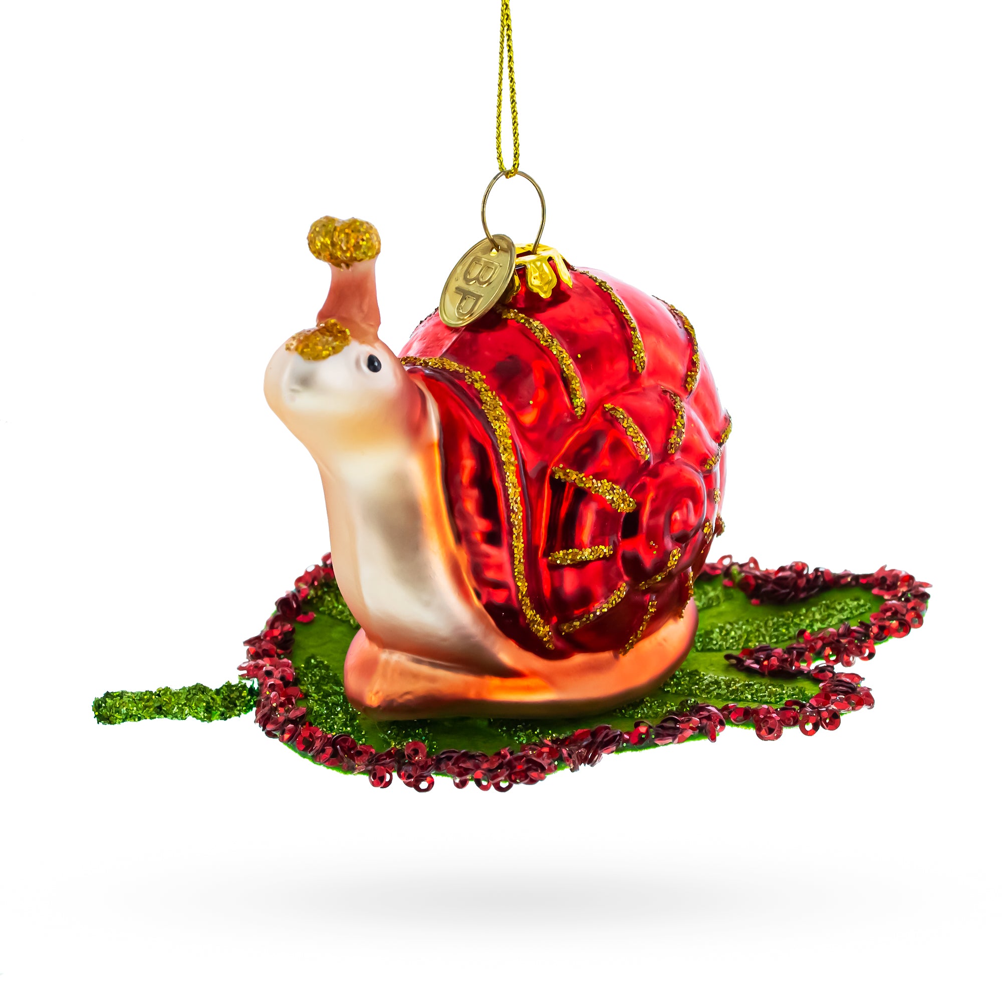Snail Perched on a Green Leaf Glass Christmas Ornament in Red color Figurine