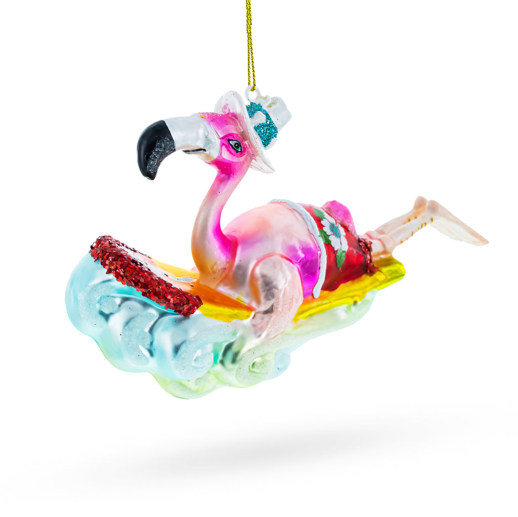 Glass Stylish Pink Flamingo Riding a Surf Wave - Blown Glass Christmas Ornament in Multi color