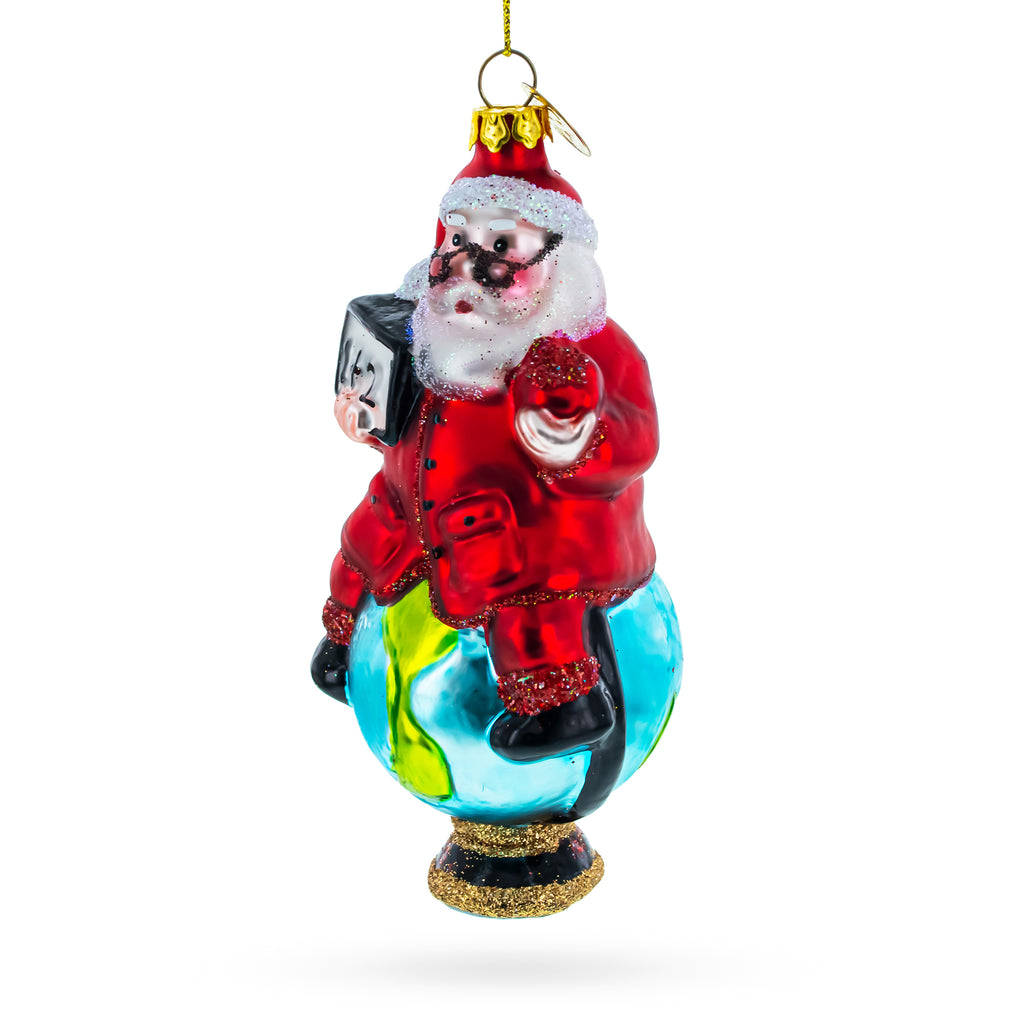Teacher Santa on World Globe Glass Christmas Ornament in Red color Figurine