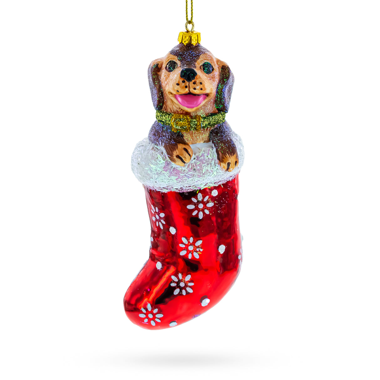 Joyful Puppy Nestled in Red Christmas Stocking -  High-Quality Blown Glass Christmas Ornament in Red color,  shape