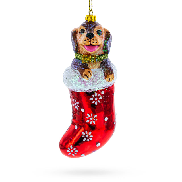 Glass Joyful Puppy Nestled in Red Christmas Stocking -  High-Quality Blown Glass Christmas Ornament in Red color