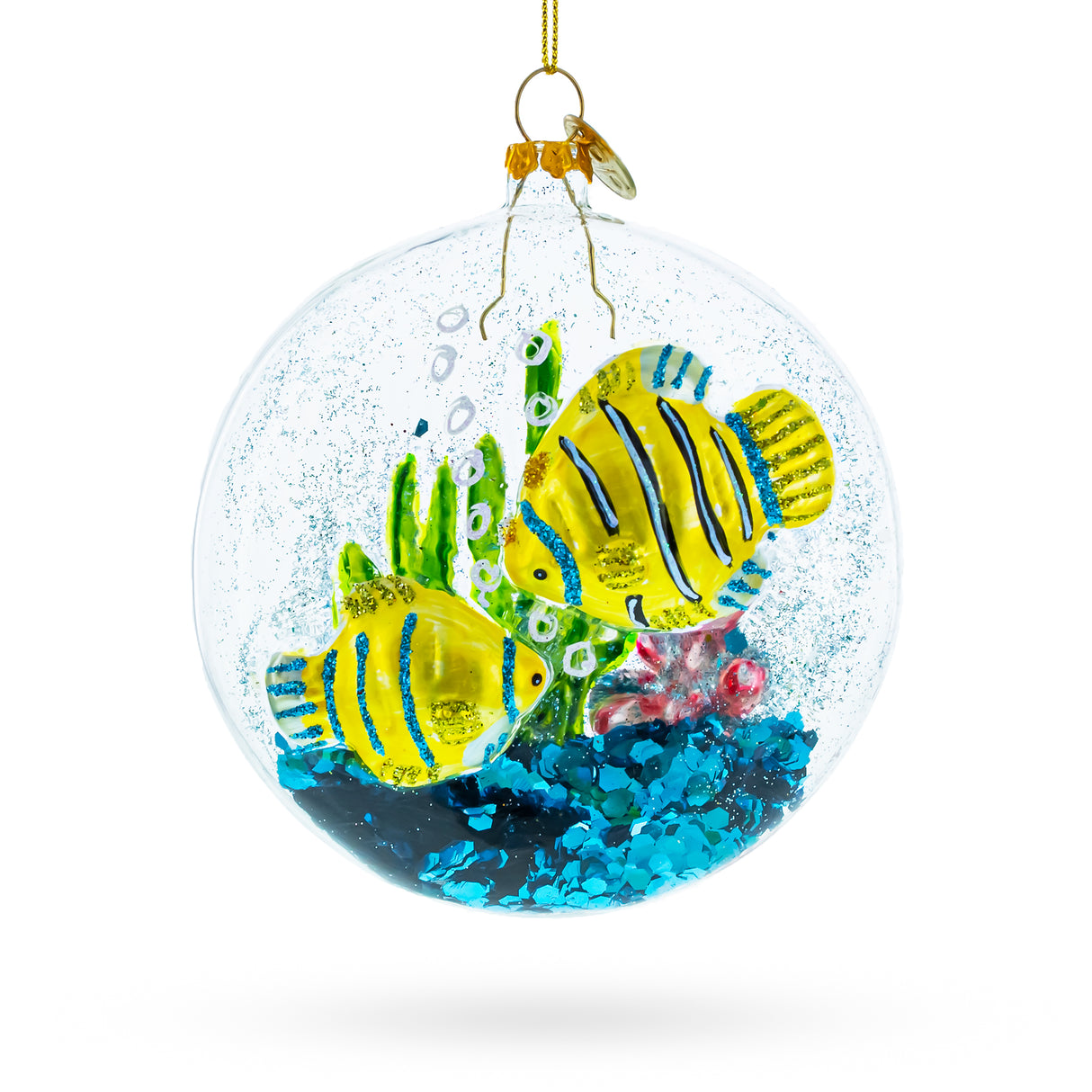 Glass Yellow Fishes Inside Fish Tank - Blown Glass Christmas Ornament in Multi color Round