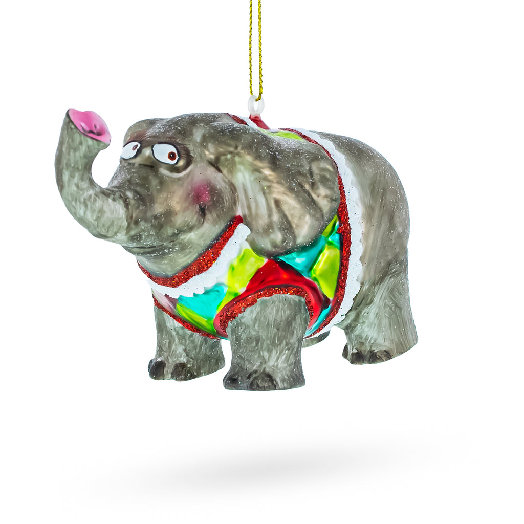 Circus Elephant Trumpeting Glass Christmas Ornament in Grey color Figurine