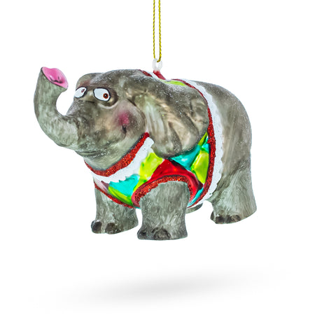 Circus Elephant Trumpeting Blown Glass Christmas Ornament in Multi color