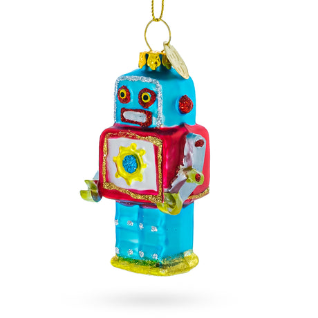 Quirky Square-Headed Robot - Blown Glass Christmas Ornament in Multi color,  shape